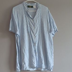 Beautiful Orvis light blue embroidered Linen button down short sleeve top, Sz 18